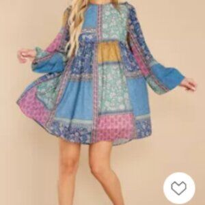 Aura Small Patchwork Baby Doll Style Long Billowy Sleeve Dress